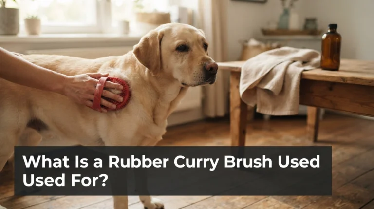 Short-coated dog being groomed with a rubber curry brush to remove loose hair