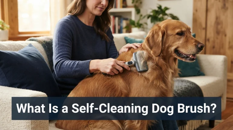 Self-cleaning dog brush collecting loose fur while gently grooming a dog at home