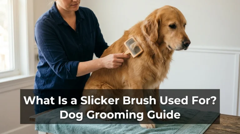 Owner gently brushing a Golden Retriever’s shoulder with a slicker brush near a sunny window.