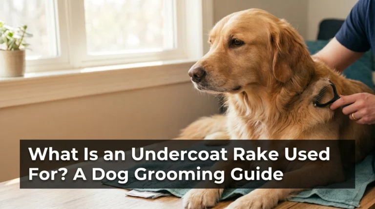 Owner gently grooming a Golden Retriever’s shoulder with a rounded-pin undercoat rake.