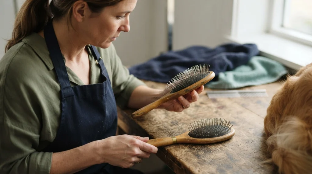 Dog owner comparing pin brushes for smooth pins, correct length, cushion, grip, and head size