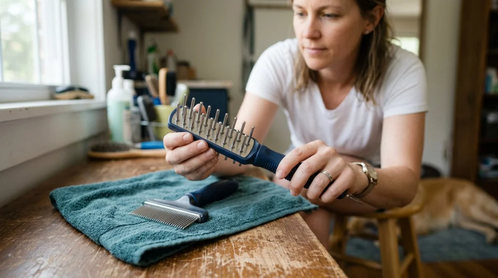 Owner examining rounded rake pins and a non-slip handle beside a second rake with different tooth lengths.