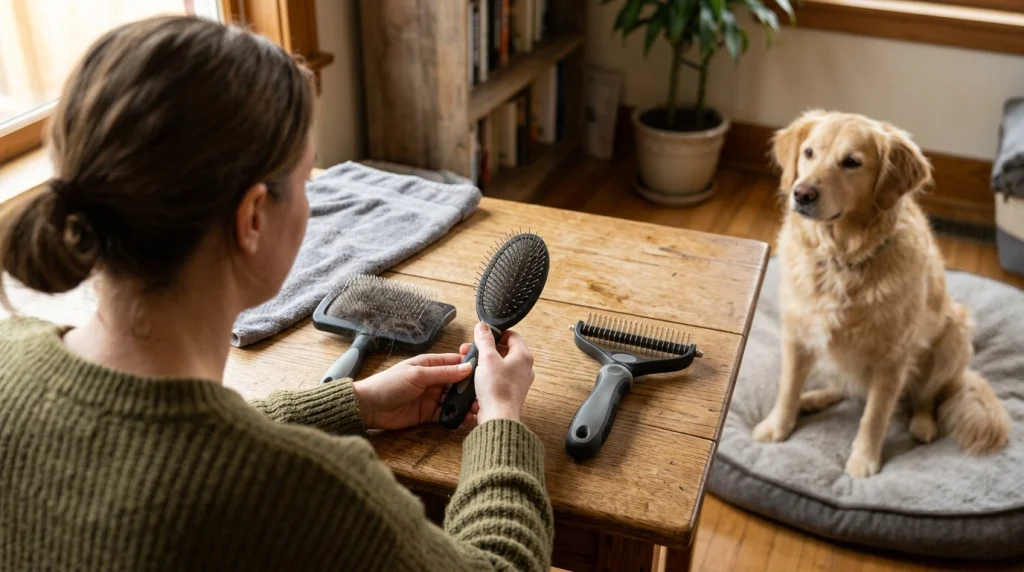 Dog owner comparing pin length, grip and brush size before buying a dog brush