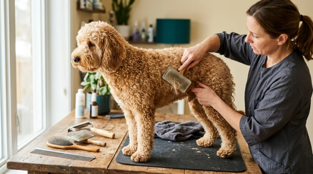 What brush is best for a Labradoodle? Long-pin slicker, pin brush, comb, and grooming tools beside a curly dog.