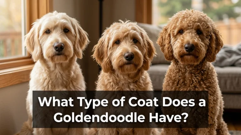 Three Goldendoodles showing straight, wavy and curly coat types