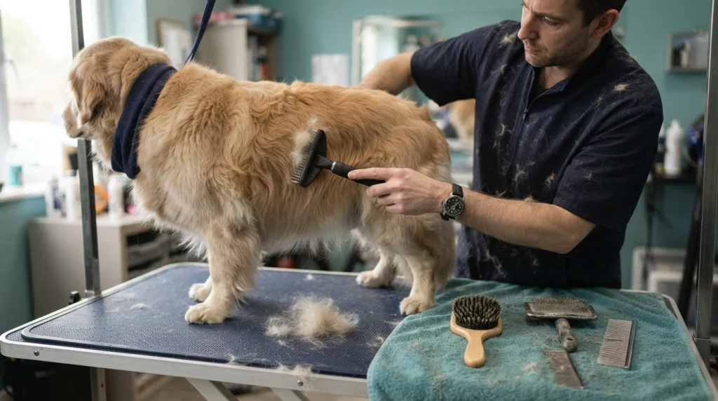 Bristle brush, slicker, comb, and undercoat rake beside a thick-coated dog