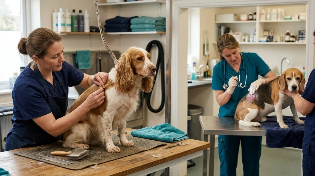 Groomer checks tangled dog coat while veterinarian examines skin and hair loss signs