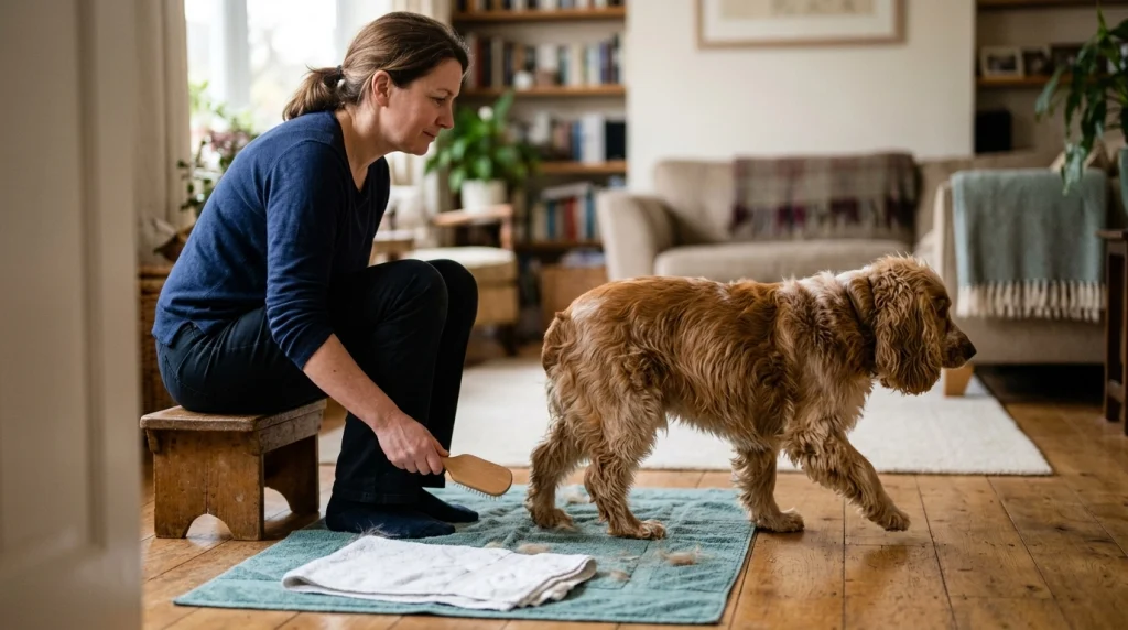 Owner lowering a slicker brush and allowing a long-coated dog to move away from the grooming mat.