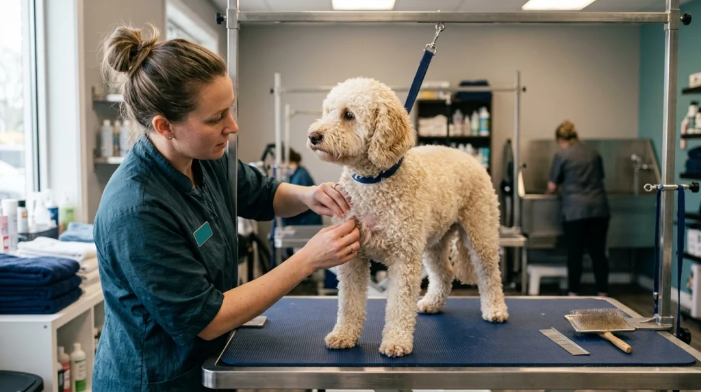 Professional groomer inspecting a tight mat on a curly dog after brushing is stopped