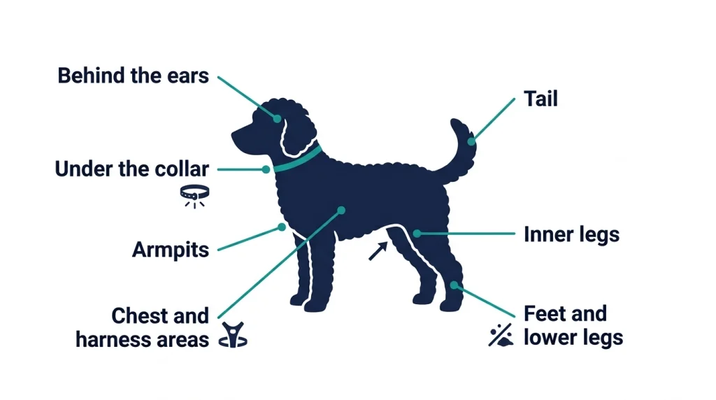 Infographic showing seven common mat-prone areas on a curly-coated dog