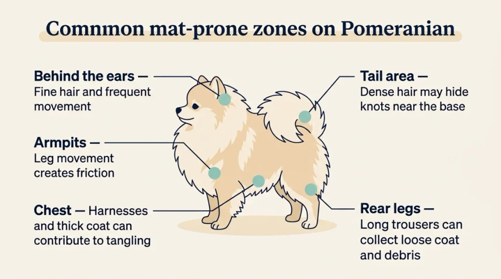Pomeranian infographic showing five common mat-prone areas including ears, armpits, chest, legs, and tail