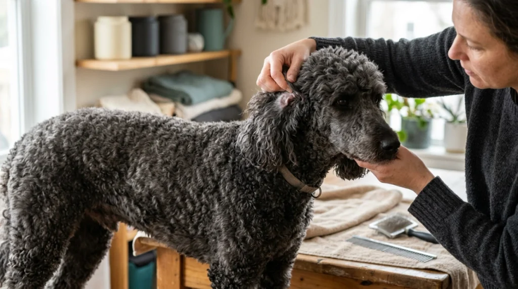 Owner checking behind a Poodle’s ear and other friction zones for hidden coat mats