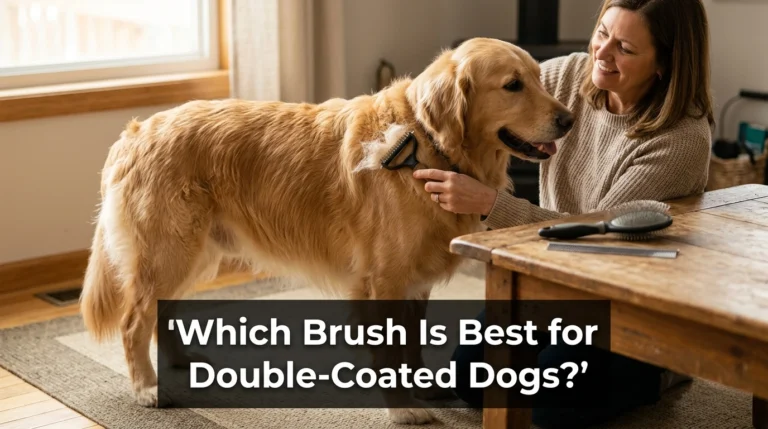 Owner using the best brush for double-coated dogs on a dense two-layer coat.