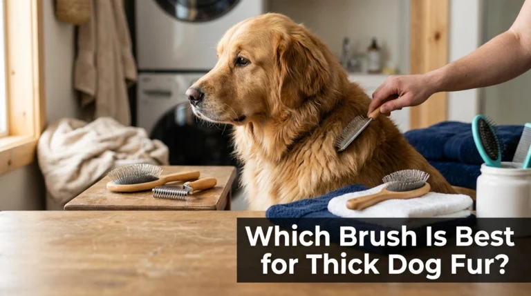 Thick-coated dog groomed with a slicker brush for dense fur care