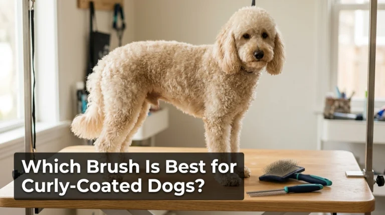 Curly-coated dog beside a long-pin slicker brush and metal grooming comb