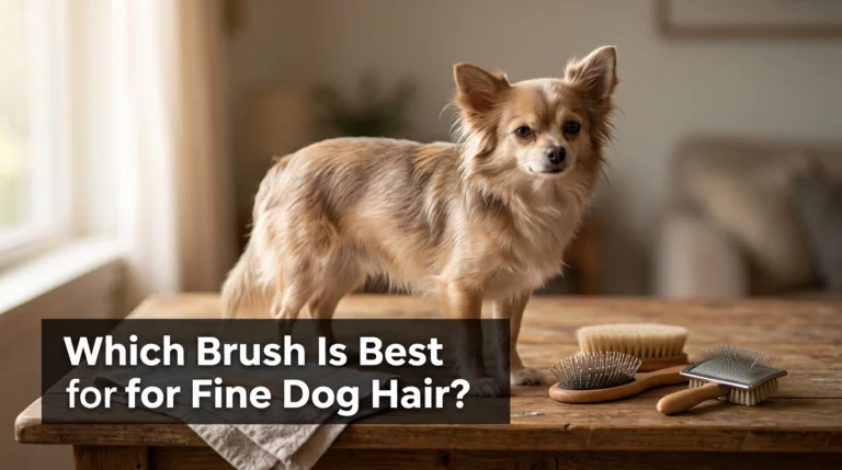 Fine-haired dog beside bristle, pin, and slicker brushes for choosing the best grooming tool