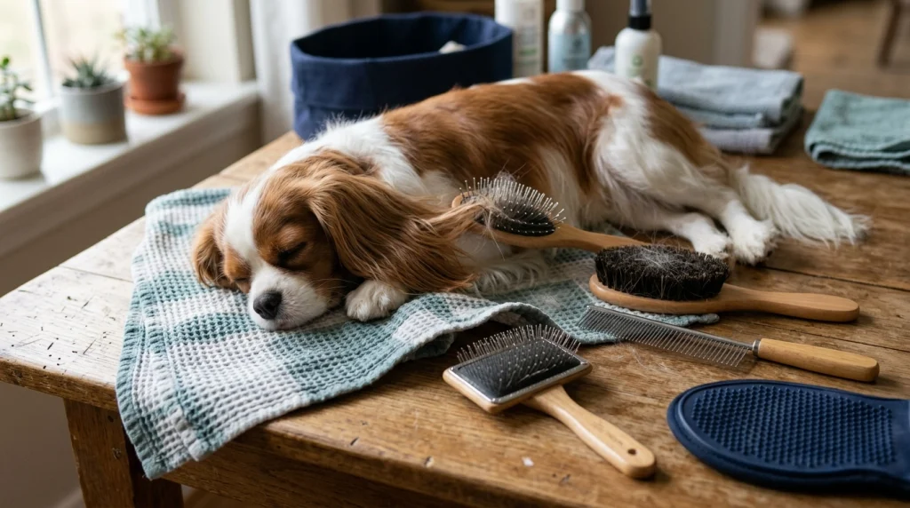 Five grooming tools compared for fine dog hair, including bristle, pin, slicker, mitt, and comb