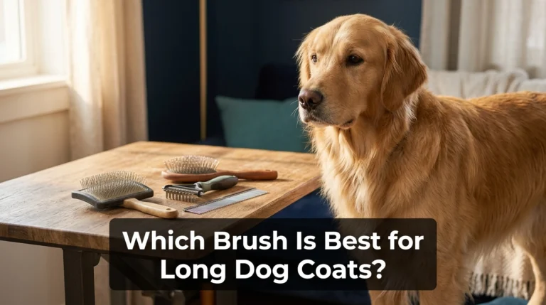 Long-haired dog beside slicker, pin brush, rake, and comb for coat grooming