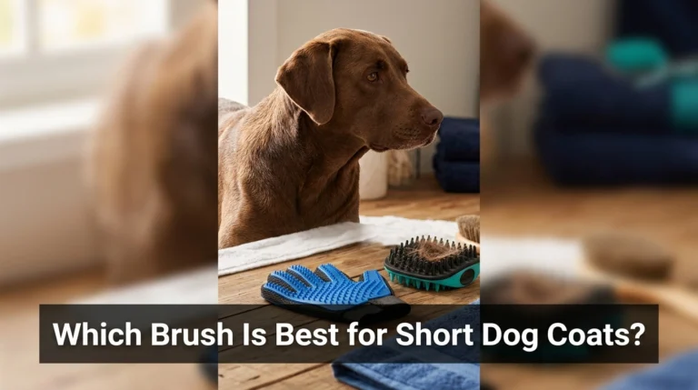Short-haired dog beside rubber, bristle, and grooming brushes for short dog coats