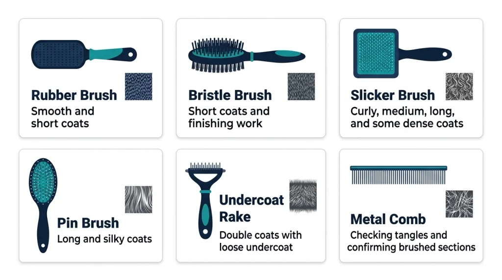 Chart matching six dog grooming brushes with the coat types they are designed to handle