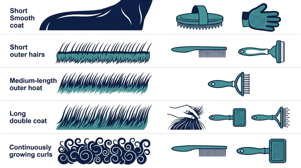 Five coat textures paired with rubber tools, surface brushes, rakes, slickers, and detangling tools.