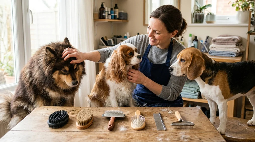 Dog brushes matched with smooth, long, and double dog coat types