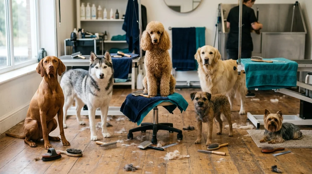 Smooth, double, long, curly, wire, and silky dog coats shown with suitable grooming tools