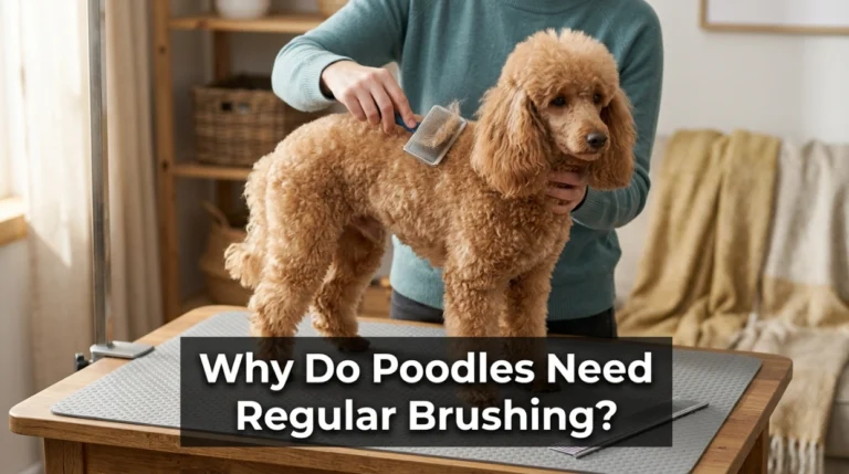 Owner gently brushing a curly Poodle to prevent mats and maintain a healthy coat.