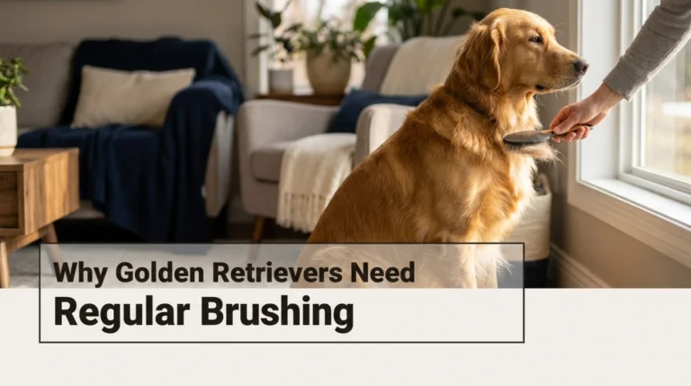 Owner brushing Golden Retriever, showing why Golden Retrievers need regular brushing