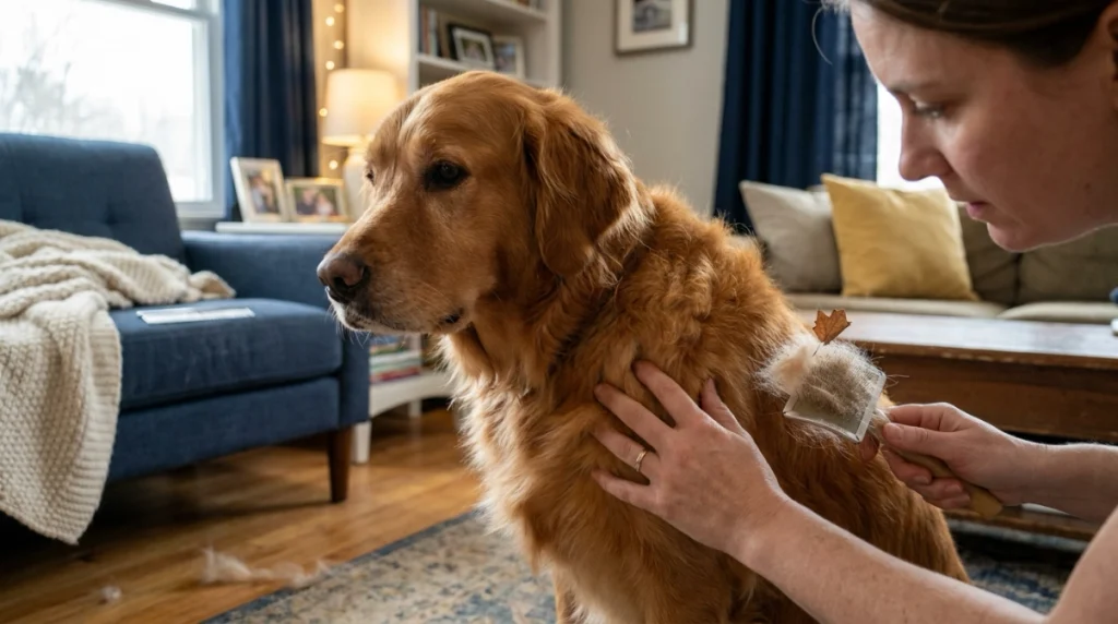 Owner brushing and inspecting a Golden Retriever's coat for loose fur, tangles, debris, and skin irritation.