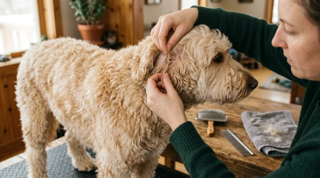 Owner checking a Goldendoodle behind the ear for hidden tangles before brushing.
