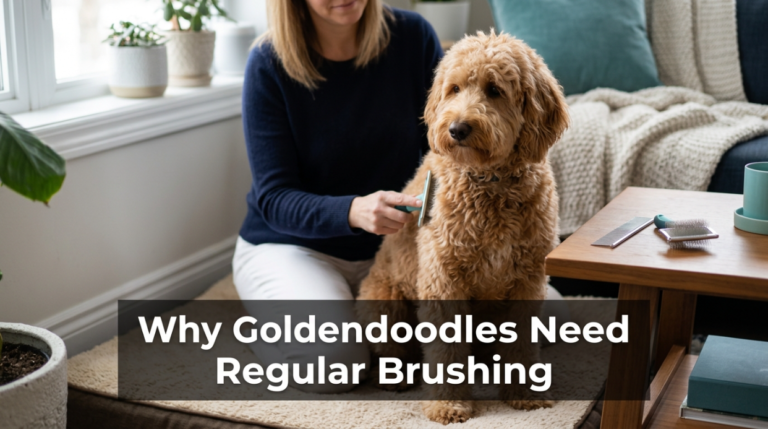 Goldendoodle getting brushed at home to prevent mats and tangles