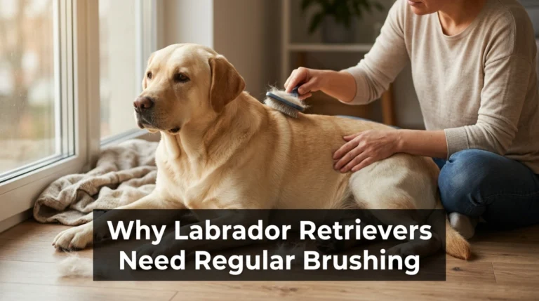Why Labrador Retrievers need regular brushing shown with a yellow Lab during gentle coat grooming.