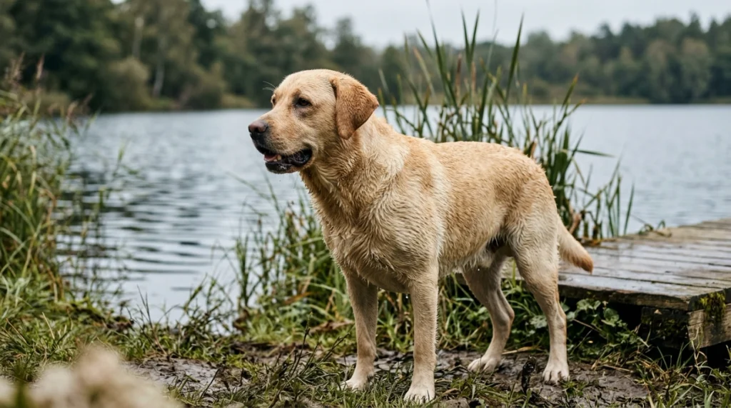 Labrador by a lake showing its short weather-resistant double coat
