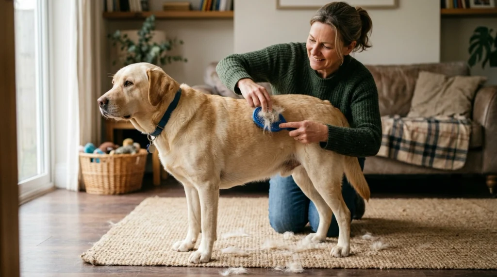 Why Labrador Retrievers need regular brushing shown through loose undercoat coming from a dense double coat.