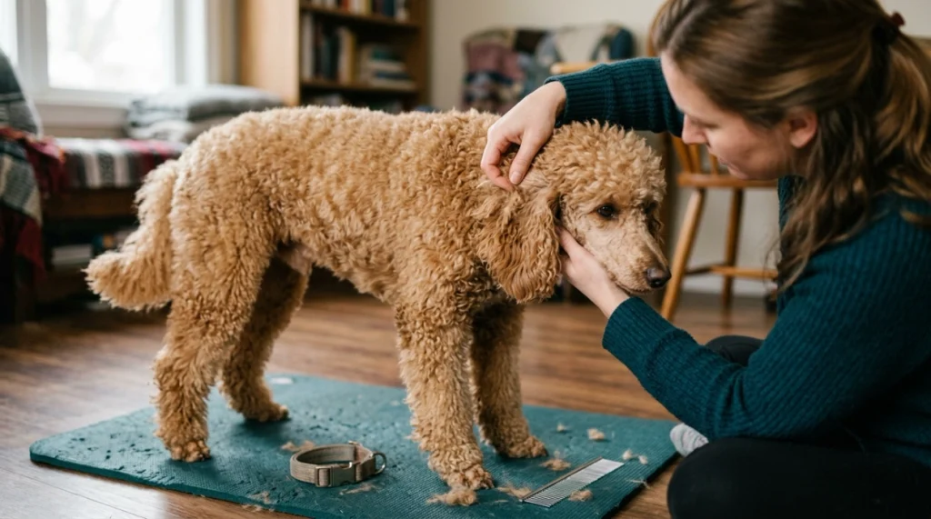 Poodle coat inspection showing trapped loose hair and early tangling behind the ear.