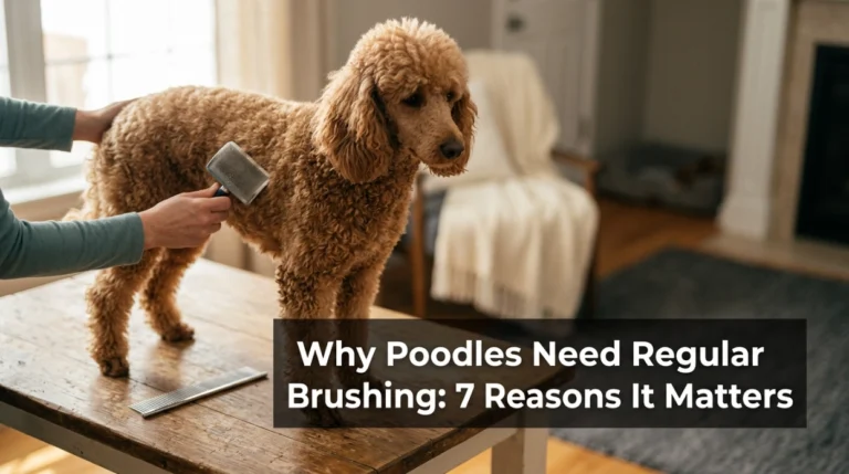 Poodle receiving gentle regular brushing to prevent tangles and hidden mats in its curly coat