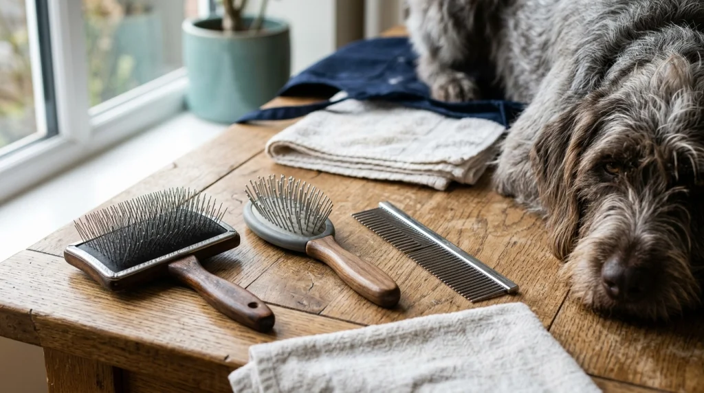 Pin brush, slicker brush, and steel comb used to brush a wire dog coat