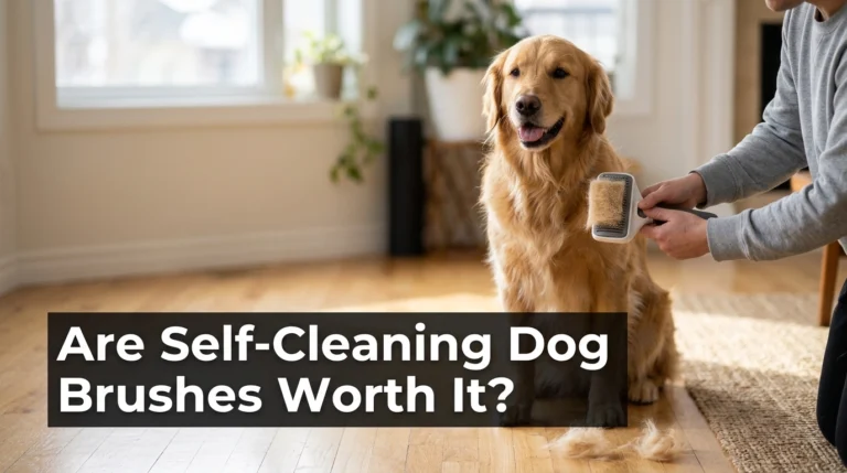 Dog owner using a retractable brush on a Golden Retriever with title Are Self-Cleaning Dog Brushes Worth It?