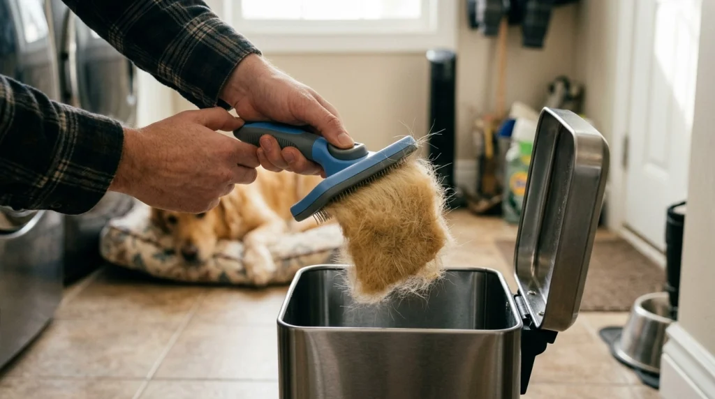 Hands pressing the button on a self-cleaning slicker brush to drop Golden Retriever fur into a bin.