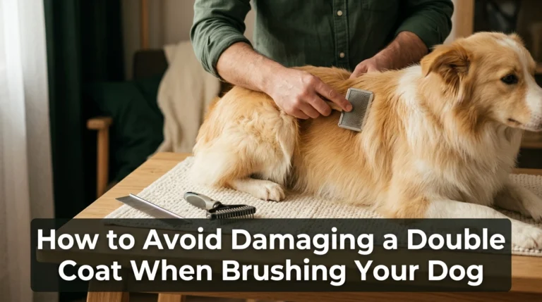 Border Collie receiving gentle brushing to avoid damaging a double coat.
