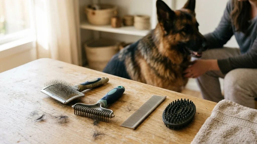 Slicker brush, undercoat rake, metal comb, and rubber grooming brush beside a German Shepherd.