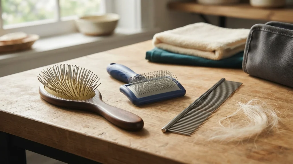 Pin brush, soft slicker brush, and stainless-steel comb arranged for gentle silky dog hair grooming.