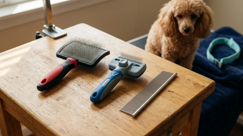 Long-pin slicker brush, self-cleaning slicker brush, and steel comb arranged for Poodle coat grooming.
