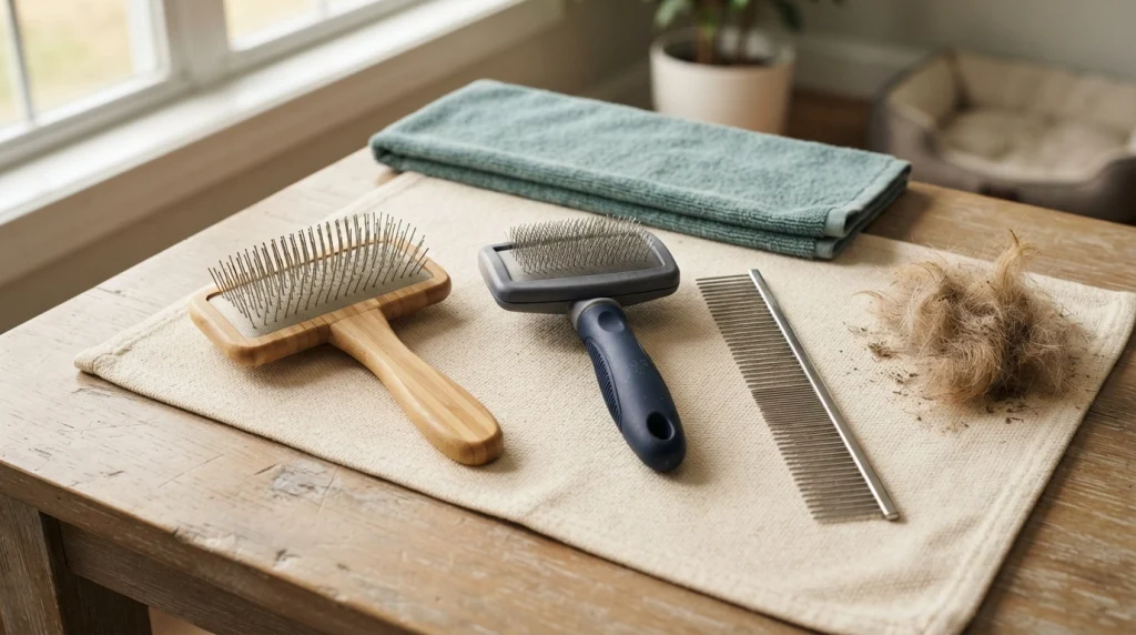 Pin brush, self-cleaning slicker brush, and steel grooming comb arranged as a wire-haired dog grooming kit.