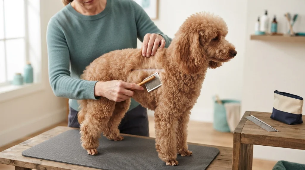 Owner line brushing a curly Poodle coat in small layers to prevent painful mats.
