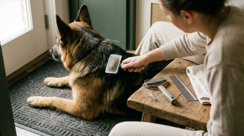 Undercoat rake, slicker brush, and metal comb arranged beside a German Shepherd during grooming.