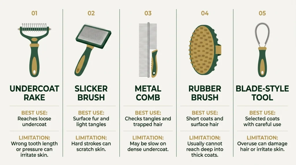 Comparison of five dog grooming tools for removing loose undercoat and managing tangles.