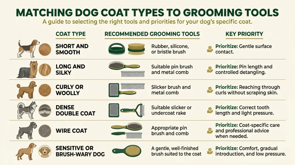 Infographic matching dog coat types with suitable brush materials, grooming tools, and care priorities.