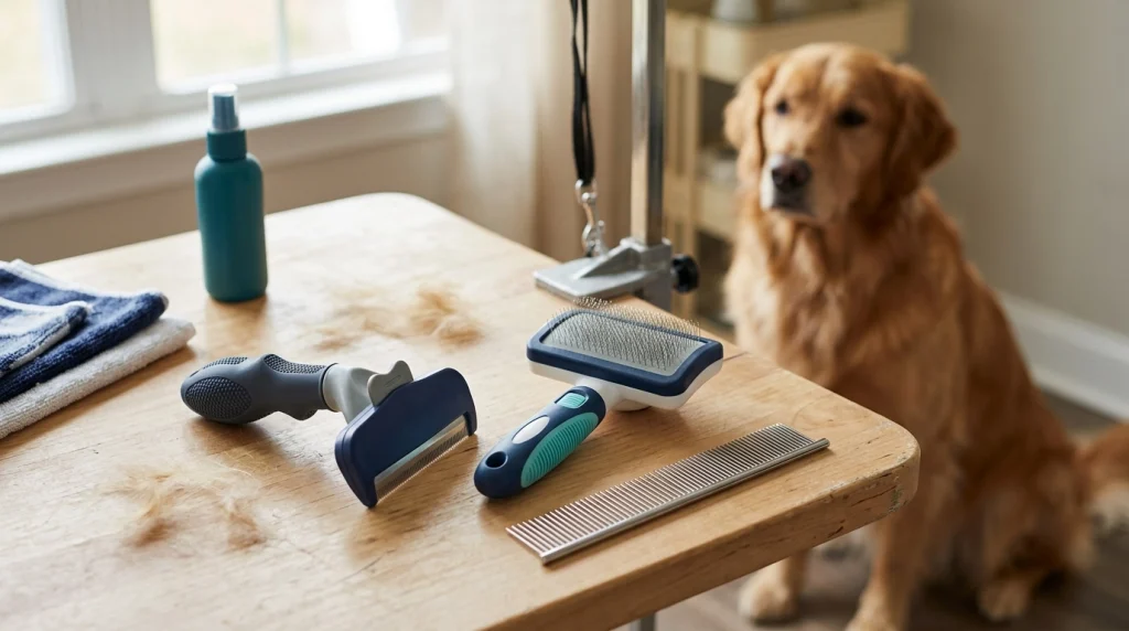 Undercoat deshedding tool, self-cleaning slicker brush, and steel comb beside a Golden Retriever.